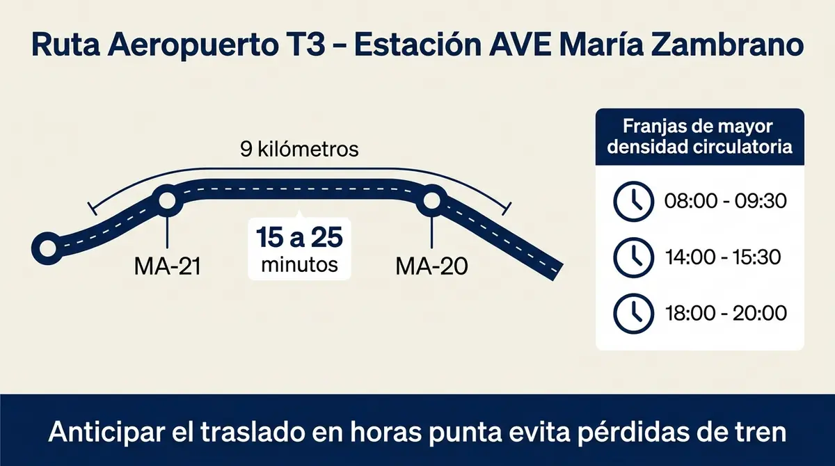 Diagrama de la ruta en taxi del aeropuerto de Málaga a la estación María Zambrano con horarios de tráfico